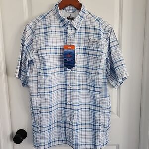 Habit Coastal Villa S/S River Shirt Mens M UPF 40+ Blue Peach Plaid Vented NWT